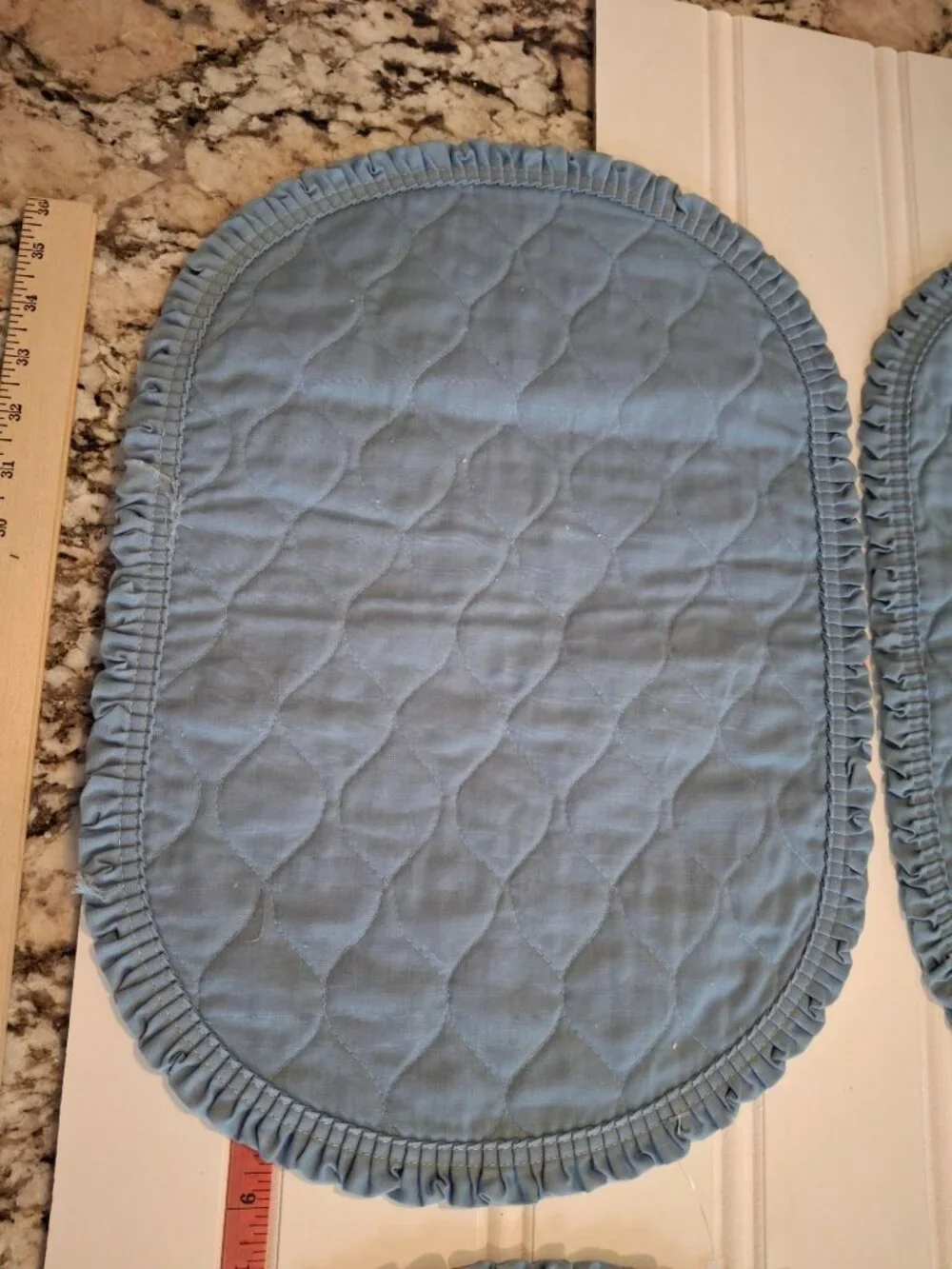 Set of 4 Blue Quilted Oval Placemats Ruffle Trim Farmhouse Cottage Chic